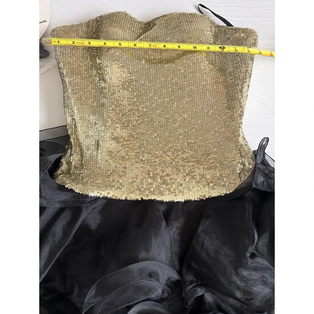 Vintage y2k PANOPLY Gold Sequin Strapless Black Ruffle High Low Gown Size 6 NWT - Picture 12 of 12